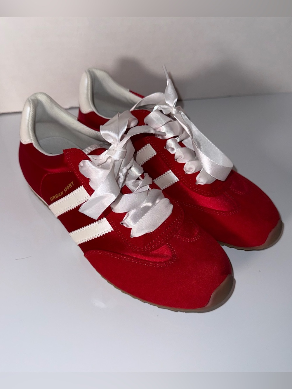 JSLIDES Satin Women’s Red Sneakers with White Stripes and Ribbon Laces 8.5